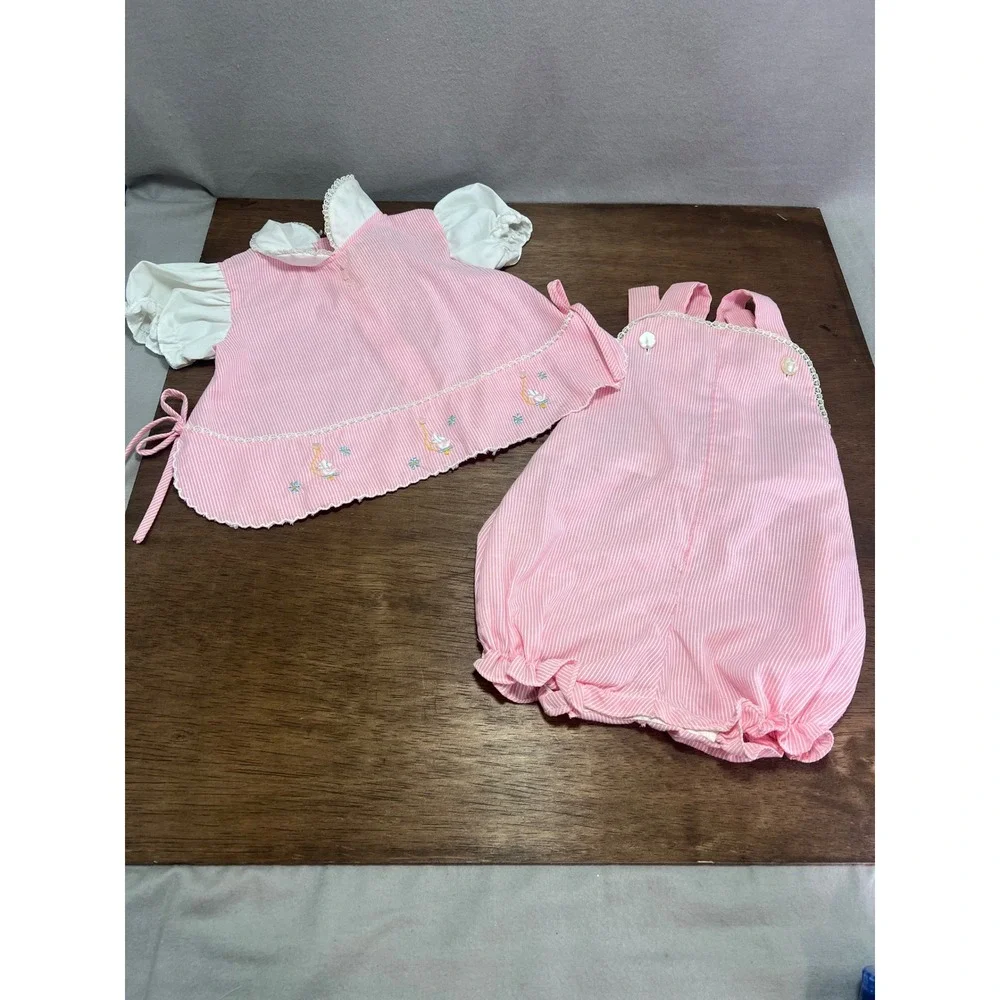 Tiny Tots Originals 2-Piece Outfit Pink Seersucker Embroidered Duck Vintage 6-9M